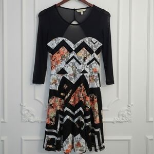 Material Girl Mixed Print Dress | Floral Lace & Geometric Chevron Mesh | Size M